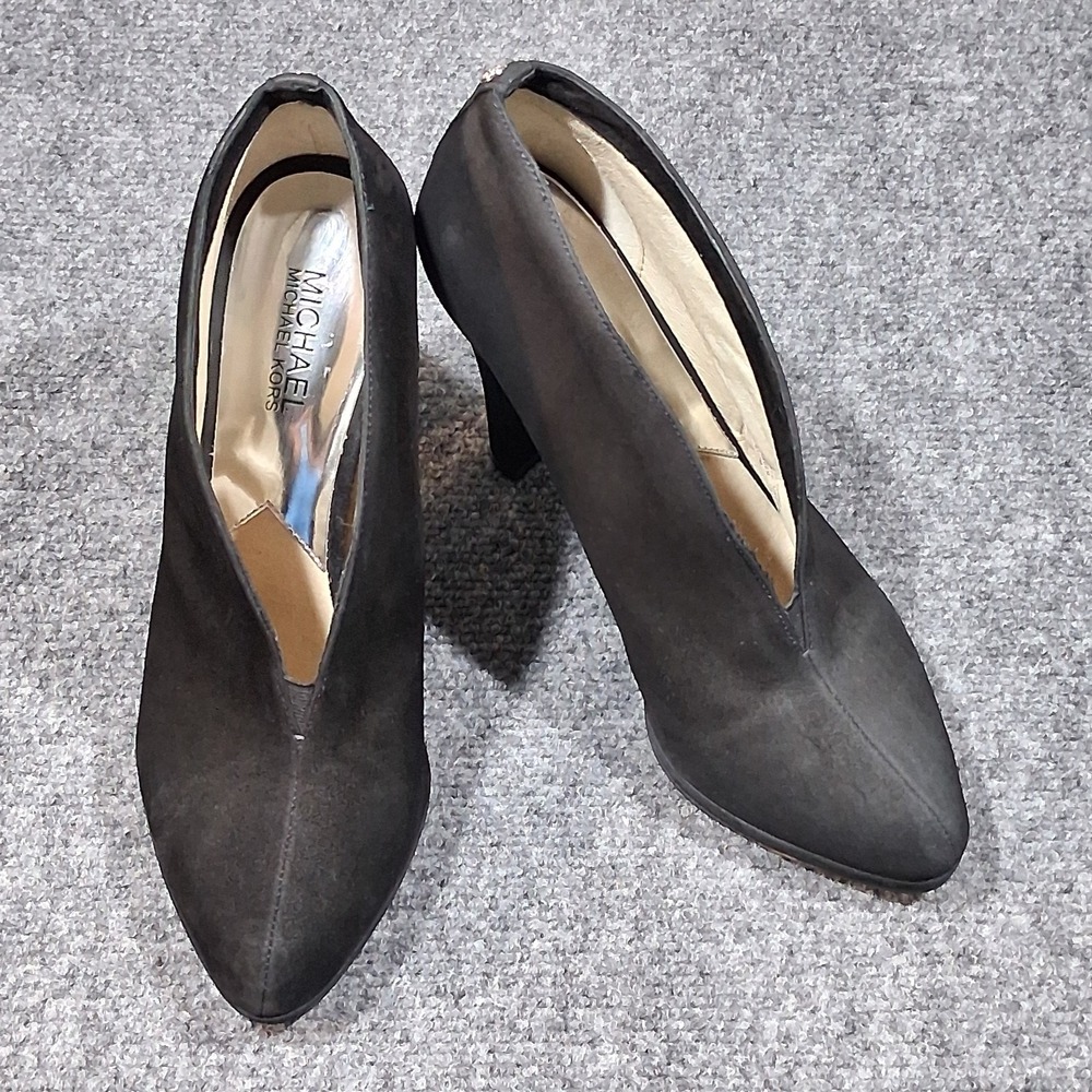Michael Michael Kors Black Suede V-Cut Platform Booties Pointed Toe Heels 8.5M